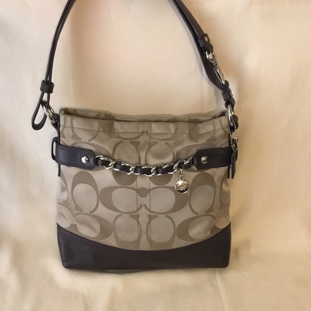 Coach Khaki and Brown Signature Chain-Accent Shoulder Bag